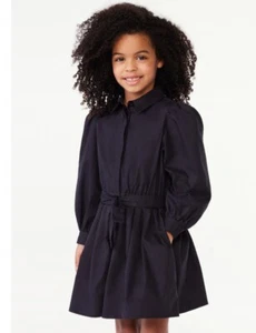 NWT Girls 7-8 Black Pleated Waist Tie Fit & Flare Dress Cuffed Long Sleeves - Picture 1 of 4