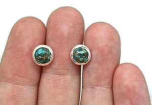 Turquoise Studs, Sterling Silver, Round Shaped, Blue Turquoise Earrings, Protect - Picture 1 of 10