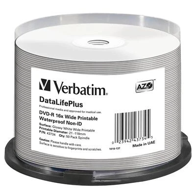 1x50 Verbatim DVD-R 4,7GB 16x Wide glossy waterproof print DVD-R 12cm - Bild 1 von 2