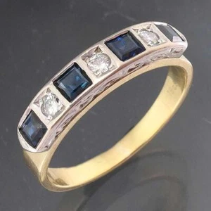 Vintage Solid 18k Yellow & White GOLD 4 SQUARE SAPPHIRE & 3 Diamond RING Sz M - Picture 1 of 6