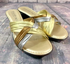 Sandalias/zapatos de cuña sin cordones elegantes zapateros italianos color dorado talla 7,5 - Imagen 1 de 11