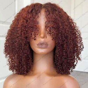 Indian Auburn Brown Kinky Curly Human Hair Wigs Thick Bangs Machine Made Wigs