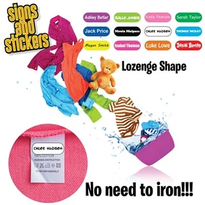Stick On Name Labels for Clothes Clothing Stickers - NONE IRON - Lozenge Shaped - Picture 1 of 3