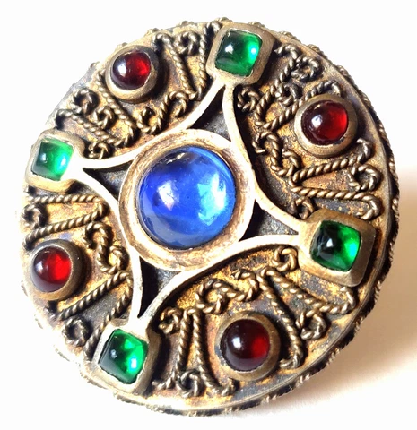 Large Antique Button with Wirework & Jewel Tone Bezel-Set Glass Cabochons 1&3/8" Cover