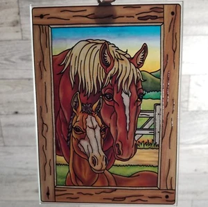 Amia Mare & Foal Colt Filly Horse Glass Rectangle Suncatcher EUC 5.25 x 3.75 - Picture 1 of 5