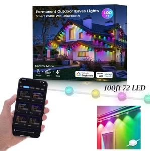Permanent Outdoor Eaves Lights Wifi 100ft 72 LED String Light Smart RGBIC - Picture 1 of 14