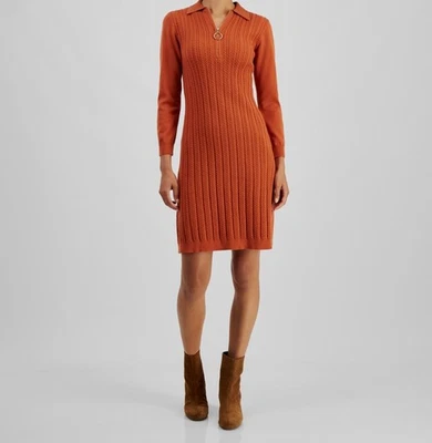 Robbie Bee Women's Orange Cable-Knit Half-Zip Sweater Dress Petite Size PM - Image 1 of 3