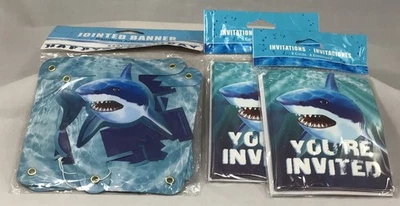 New Happy Birthday Party Shark 16 Invitations & Banner Invites 16 Envelopes - Image 1 of 4