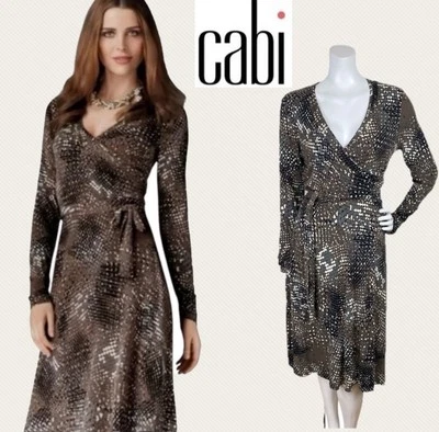 CABI Dappled Dots Faux Wrap Midi Dress Long Sleeves Belt Stretchy - Size Medium - Image 1 of 4