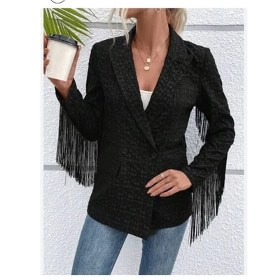Mujer Negro Floral Brocado Blazer Chaqueta Flecos Mangas Doble Pecho XL Boho Foto 1 de 4