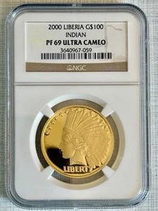 Liberia 2000 Indian Design 100 Dollars 1 oz Gold Coin NGC PF69 UC Sku# 1282 - Picture 1 of 2