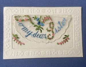 WW1 Embroidered Silk Postcard with pocket/no insert. TO MY DEAR SISTER - Picture 1 of 3