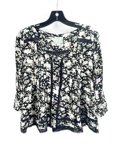 Anthropologie Maeve Women's Top Size 2 Black Floral Blouse Boho 3/4" Sleeves - Picture 1 of 8