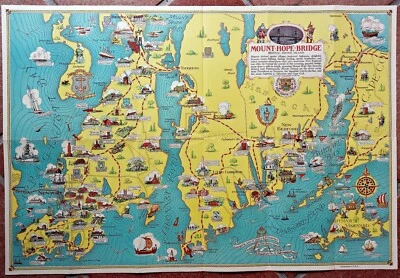 1937 Mount Hope Bridge Bristol Rhode Island Pictorial Map by H W Hetherington - Imagem 1 de 4