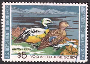 US Duck Stamp 1973 Used Sc# RW-40 $5 Steller's Eider Ducks - Picture 1 of 2