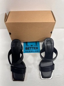 Womens High Heel Sandals Ladies Black Leather Square Toe Slip Ons - Size 8 - Picture 1 of 15