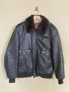 Vintage 70s Leather Jacket Sherpa Flight Bomber William Barry A2 Fur Collar 42L - Picture 1 of 20