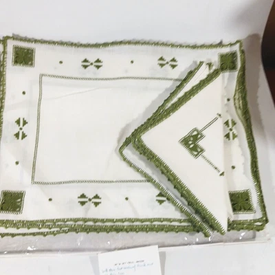 Trébol de lino buena suerte 4 manteles individuales y 4 servilletas blanco y verde costura Foto 1 de 4