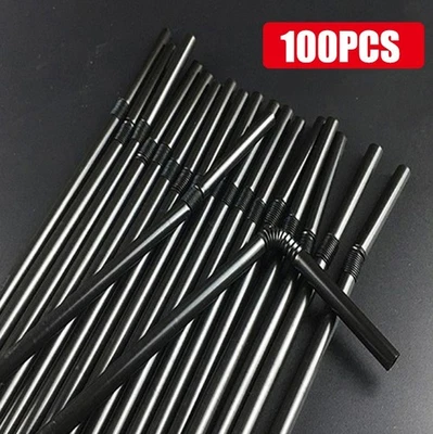 Plastic Flexible Straws Bendy Black Colour Recyclable Drinking Cocktail 100 Pack - Image 1 of 4