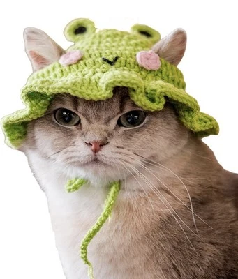 卡通青蛙钩针帽猫狗兔子或小动物石灰绿色 — 第 1/4 张图片