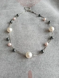 Necklace, 3 Strand Chain With Faux Pearl Beads - Picture 1 of 10