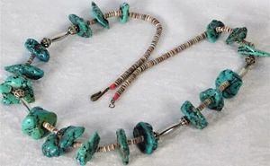Antique Pawn Kewa Pueblo Santo Domingo Turquoise Silver Bead Heishi Necklace 26" - Picture 1 of 10