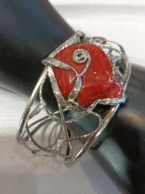 BRACCIALE VINTAGE RIGIDO APERTO argento e vero corallo Sardegna prima scelta  - Immagine 1 di 2