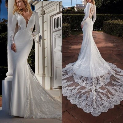 Mermaid Sheath Wedding Dresses Bridal Ball Gowns Long Sleeves Appliques Lace - Image 1 of 4