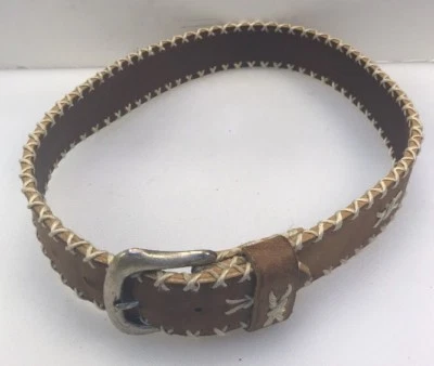 Women Sz 26 Leather Belt Brown Laced Boho Hippie Woven Stitched 1.25” W 29.5” L - Image 1 of 4