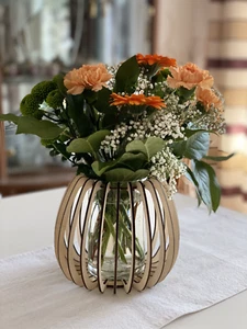 Dekovase Tischvase Laterne Windlicht Blumenvase Glas Holz - Bild 1 von 4