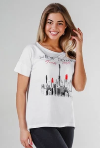 New York Red Lipstick Women's Graphic T-shirt, Short Sleeve High Quality Cotton - Picture 1 of 5