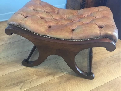 VINTAGE CHESTERFIELD LEATHER, MAHOGANY X- FRAME FOOT STOOL. - Image 1 of 4