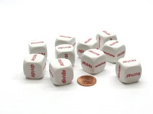 Pack of 10 20mm Math 4 Function Word Dice, Spanish - White with Red Words - Picture 1 of 1