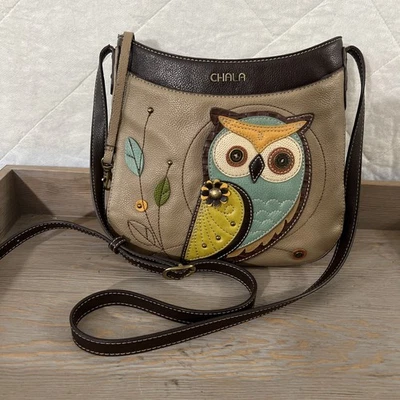 Chala Messenger Crescent Crossbody Purse Bag Pleather OWL Taupe Brown - Image 1 of 4