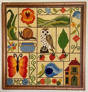 vintage framed needlepoint tapestry nature grid butterfly snail owl 15"x16" 70s - Picture 1 of 5