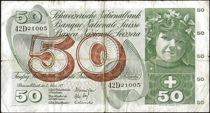 Suisse - billet de 50 francs 7 Mars 1973 Signatures BG AH RA ! P#48m.43 - Imagen 1 de 2