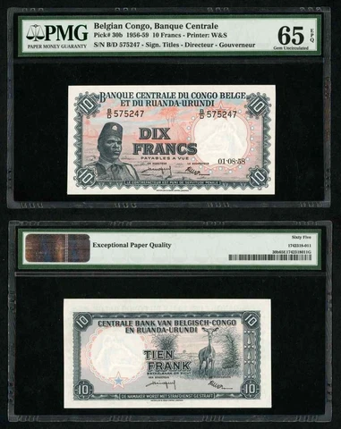 1958 Belgian Congo Ruanda-Urundi Central Bank 10 Francs Banknote P30b Unc 65 EPQ Cover