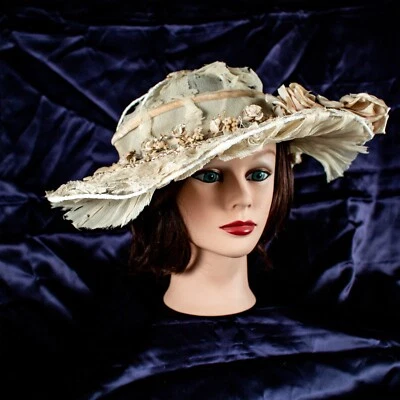 Antiguo Sombrero Derby Florence Lawrence Marfil Floral Mujer Seda Años 20 Talla M 7 3/8 Foto 1 de 4
