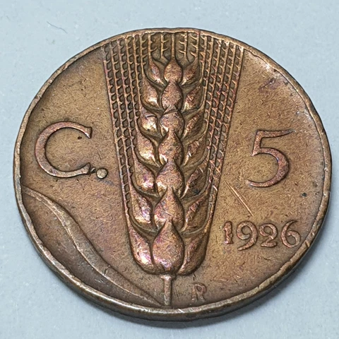 Italy 5 Centesimi 1926 R Mint Mark Coin 02665 Cover