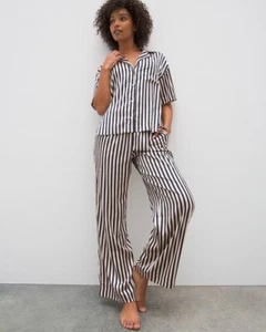 Soma Sensual Short Sleeve Navy Striped Pajama Set Womens Size L Satin Lounge - Picture 1 of 18