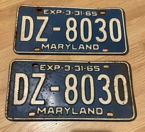 1965 Maryland License Plate Pair DZ-8030 YOM DMV Clear Ford Mustang Chevy - Picture 1 of 2