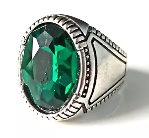 Solid Silver Plated Men's Fashion Ring Green Sapphire Lab-Created Size 10 , HR26 - Picture 1 of 4