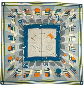 Hermes Chic, Le Sport! Naturel/Orange/Petrol Silk/ Cashmere Shawl Scarf - Picture 1 of 5