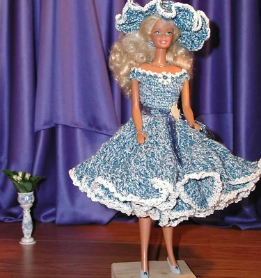 OOAK FASHION for BARBIE ~ BLUE & WHITE DRESS & HAT w/BLUE HEELS & JEWELRY - Image 1 of 4