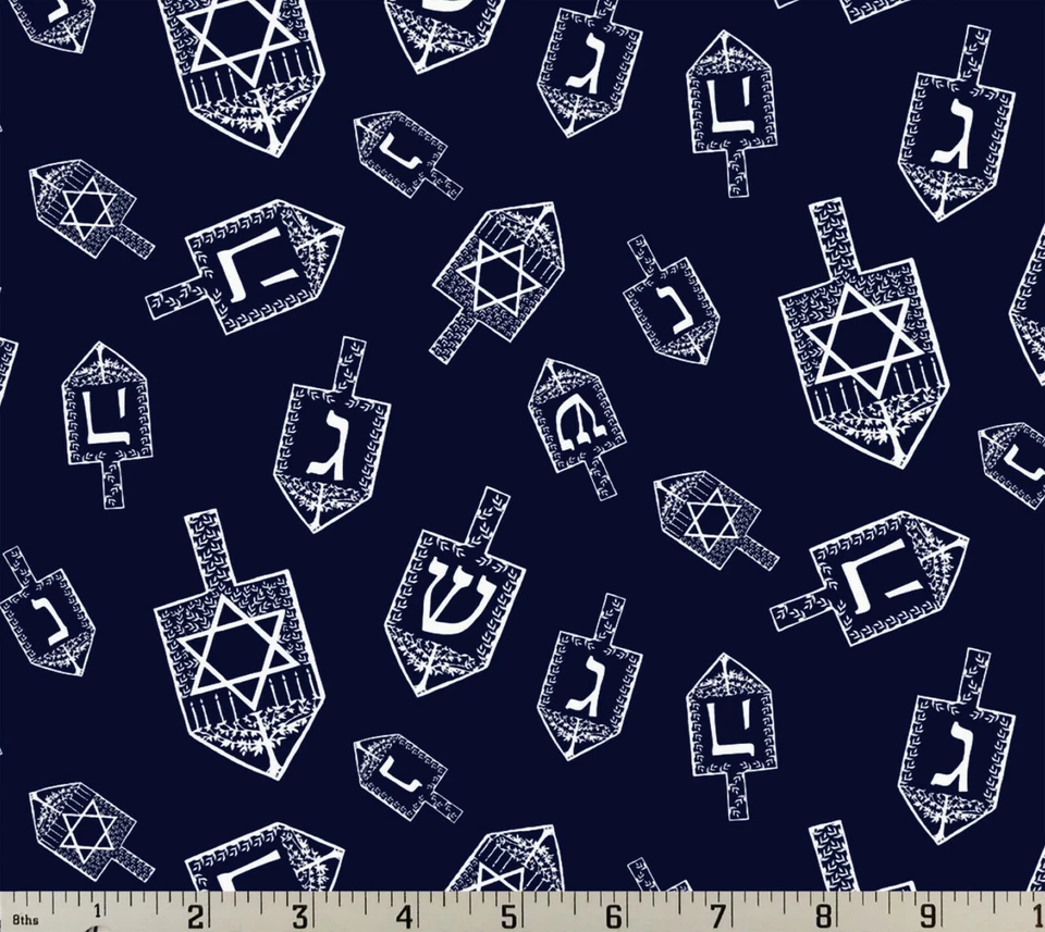 Tela de edredón de algodón Festival Of Lights Dreidel Hanukkah Riley Blake blanco marino  Foto 1 de 1