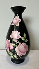 Vintage Crown Ducal Vase Black with Pink Cabbage Rose Design