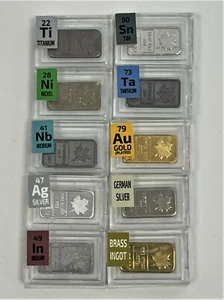 10 x 1 Gram Periodic Element Metal Maple Ingots SILVER TANTALUM NIOBIUM INDIUM - Picture 1 of 6