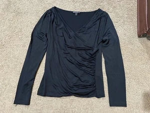 Ralph Lauren Black Label Size Large Top Ruched V-Neck Silk Viscose Long Sleeve - Picture 1 of 6