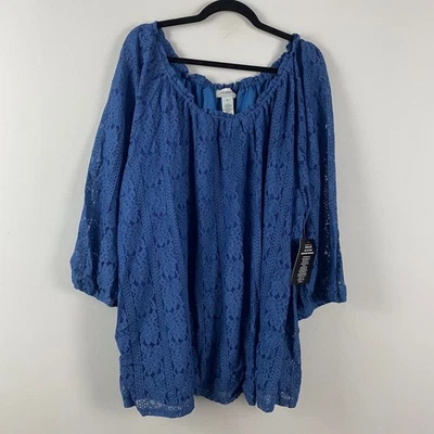 Blusa campesina de encaje elástico Catherines talla 4X azul mangas 3/4 forrada Foto 1 de 4