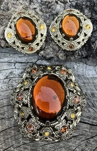 Vintage FILIGREE & RHINESTONE Topaz Brooch & Earrings STAMPED GERMANY BEAUTIFUL - Picture 1 of 16